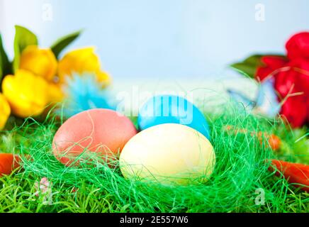 Three decorated easter eggs in the grass with flowers tulips on the background. Stock Photo