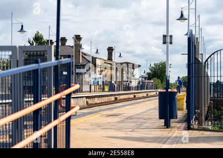 Mansfield train station platform empty lockdown no passengers people Robin Hood line station commute Nottingham waiting on platform essential travel Stock Photo