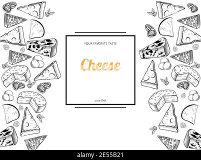 Cheese set Hand drawn vector illustration Design template for menu, package with head and slices of different cheese on white backdrop Stock Vector