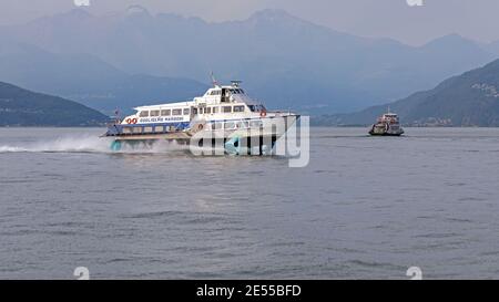 Bellagio, Italy - June 14, 2019: Fast Ship Hydrofoil at Lake Como Transport in Bellagio, Italy. Stock Photo