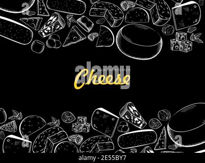 Cheese design template Vector illustration Different cheese pattern with sample text on black background Stock Vector