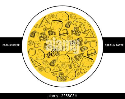 Cheese Vector illustration in sketch style Hand drawn pattern with slices of different cheese and copy space on white background Stock Vector