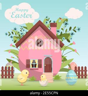 A set of brightly, colorful painted Easter eggs and a cute little house in flowers. Vector illustration with a happy Easter wish. Template for a postcard, invitation, ad or banner. A bright, cute illustration for a spring Christian holiday. Stock Vector