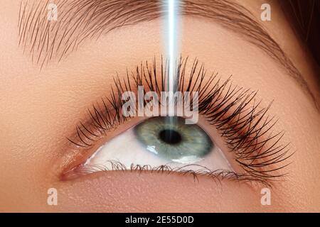 Laser surgery and correction on beauty female eye. Macro of young eyes with laser rays. Healthcare and wellness. Good vision Stock Photo