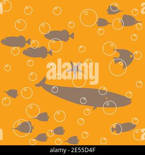 Seamless pattern with fish silhouettes and bubbles Stock Vector