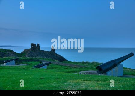 Three old black cannons on the grassy area at Black Castle, South Quay, Corporation Lands, Co. Wicklow, Ireland. Evening view. Vintage and retro Stock Photo