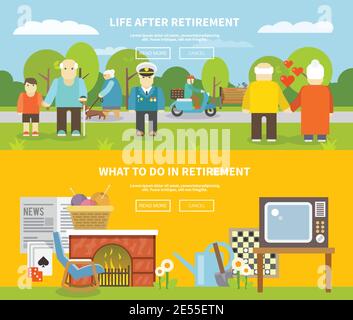Pensioners life style horizontal banner set with senior people flat elements isolated vector illustration Stock Vector