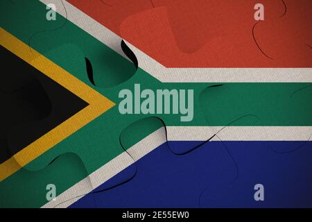 Composition of the concept of crisis and integration of a country South Africa FLAG PAINTED ON PUZZLE 3D RENDER Stock Photo