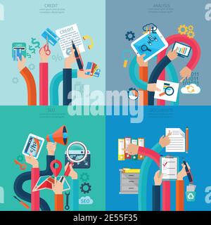 Seo credit and analysis concept with human hands holding business objects and symbols isolated vector illustration Stock Vector