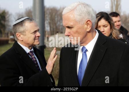 Oswiecim, Poland - February 18, 2019:  Mike Pence, Vice President of the United States visit to the former Nazi Concentration Camp Auschwitz-Birkenau. Stock Photo