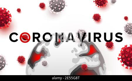 Stop Covid-19 banner. Coronavirus is crossed out with red STOP sign. Pandemic concept vector illustration on white background Stock Vector