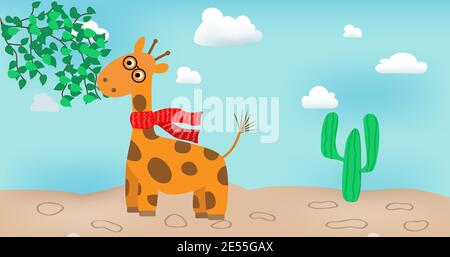 Giraffe eating leaves cartoon style illustration Stock Vector