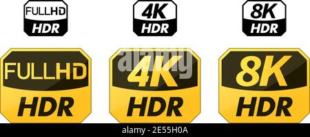 Set of yellow and black HDR icons. HD, 4k and 8k version Stock Vector