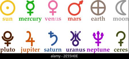 Set of simple astrology symbols representing planets and celestial bodies Stock Vector