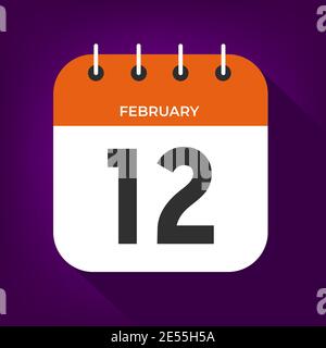 February day 12. Number twelve on a white paper with orange color border on purple background vector. Stock Vector