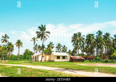 Cute white house among palm trees in a village in Zanzibar Stock Photo