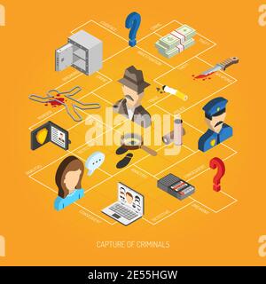 Law and police concept with isometric detective policeman evidence icons set vector illustration Stock Vector