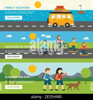 Outing horizontal banner set with outdoor activities elements isolated vector illustration Stock Vector