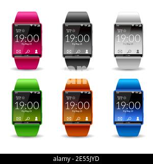 Smart wrist watch with wifi phone weather and email widget realistic color decorative icon set isolated vector illustration Stock Vector