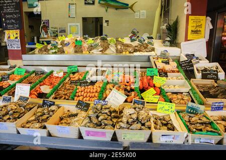 Fish  market of Trouville-sur-Mer. Trouville-sur-Mer and nearby Deauville are popular summer resorts in Normandy. Stock Photo