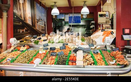 Fish  market of Trouville-sur-Mer. Trouville-sur-Mer and nearby Deauville are popular summer resorts in Normandy. Stock Photo