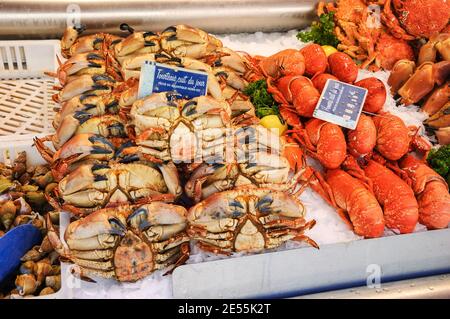 Cooked crabs and lobsters for sale at fish market in Trouville-sur-Mer (Normandy, France) Stock Photo