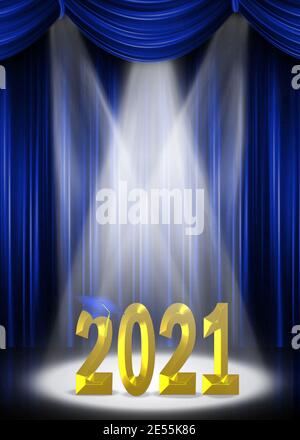 blue stage curtains with gold 2021 text in the spotlight for graduation Stock Photo