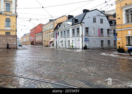 Finland, Helsinki. January 26, 2021 The facade of a gray building. The first stone house in Helsinki, now the Helsinki Museum. Historical architecture concept. High quality photo Stock Photo