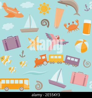 Bright seamless pattern with beach vacation symbols Stock Vector