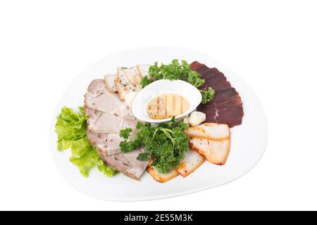 Traditional cold meat snack with two types of mustard. This is isolated in a white background. Close-up. Stock Photo