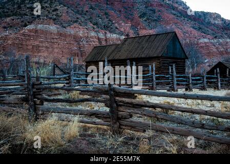 Classic western scene with old 'bunkhouse'.  The structure looks much like it did during the 1860's.  Many structures still remain in the ghost towns. Stock Photo