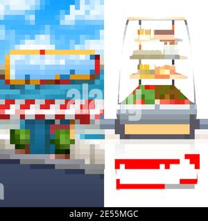 Supermarket vertical banner set with store building and products shelf isolated vector illustration Stock Vector