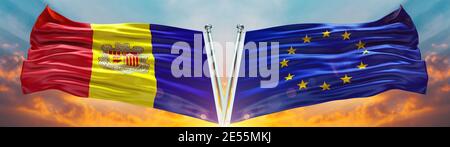 European Union Flag and Andorra flag waving with texture sky Cloud and sunset Double flag Stock Photo