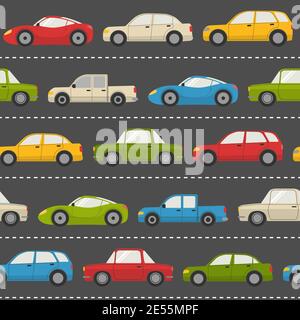 Seamless pattern with colorful cars on the road Stock Vector