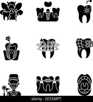 Denistry black glyph icons set on white space Stock Vector