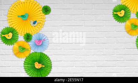 Easter composition from paper. Easter decor on a white brick background. space Stock Photo