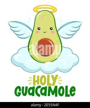 Holy Guacamole - Cute hand drawn avocado illustration kawaii style. summer color poster. Good for posters, greeting cards, banners, textiles, gifts, s Stock Vector