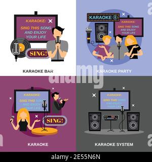 Karaoke design concept set with bar and audio system flat icons isolated vector illustration Stock Vector