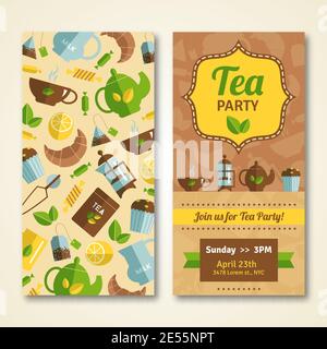 Tea party announcement two banners with  teapot cupcake and event date and time abstract isolated vector illustration. Editable EPS and Render in JPG Stock Vector