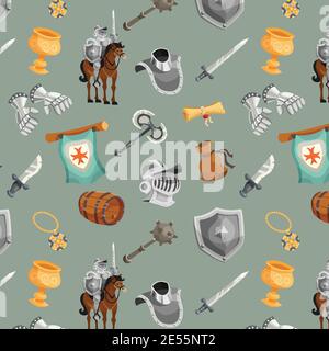 Medieval knight with armor and weapon cartoon seamless pattern vector illustration Stock Vector