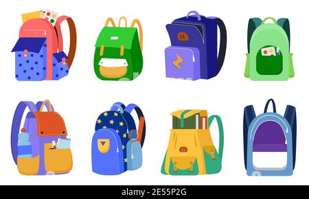 Kid backpack vector illustration set. Cartoon side or front view of child student schoolbag collection, colorful bags full of children stationery supply, school books and textbooks isolated on white Stock Vector