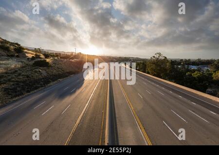 Empty ten lane route 118 freeway with cloudy sky in the Chatsworth area of Los Angeles, California. Stock Photo