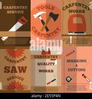 Carpentry marking and cutting works service 6 flat banners composition poster with sawmill abstract vector isolated illustration Stock Vector