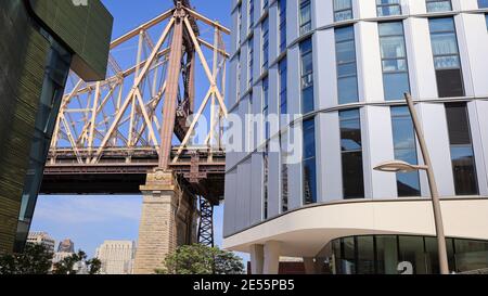 New York, NY, USA - Jan 26, 2021: View of Queensboro Bridge from Cornell Tech campus on Roosevelt Island. Stock Photo