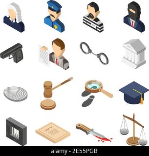 Heist robbers and police court lawyer and justice 3d isometric color icon set isolated vector illustration Stock Vector