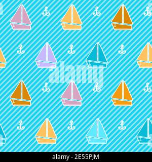 Seamless pattern with colorful boats over striped background Stock Vector