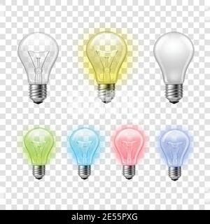 Rainbow colored transparent glass light bulbs pictograms set on and off against checkered background abstract vector illustration Stock Vector
