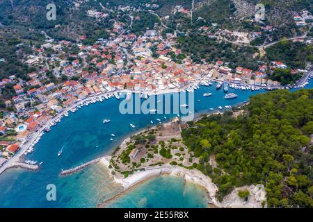 Aerial shot of the port of Paxoi in Greece.