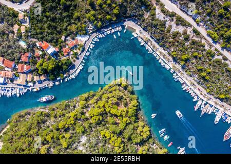 Aerial shot of the port of Paxoi in Greece. Stock Photo