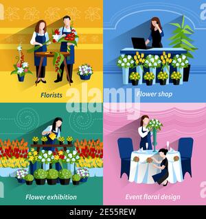 Flowers exhibition and special events floral design arrangements 4 flat icons square composition abstract isolated vector illustration Stock Vector